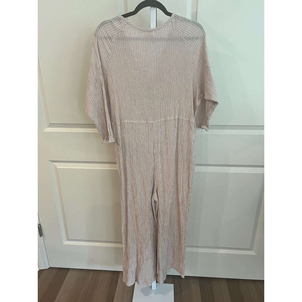 World Market Striped V-Neck Wide Leg Jumpsuit Beige Red S/M Boho Crinkle Pockets - Picture 5 of 10